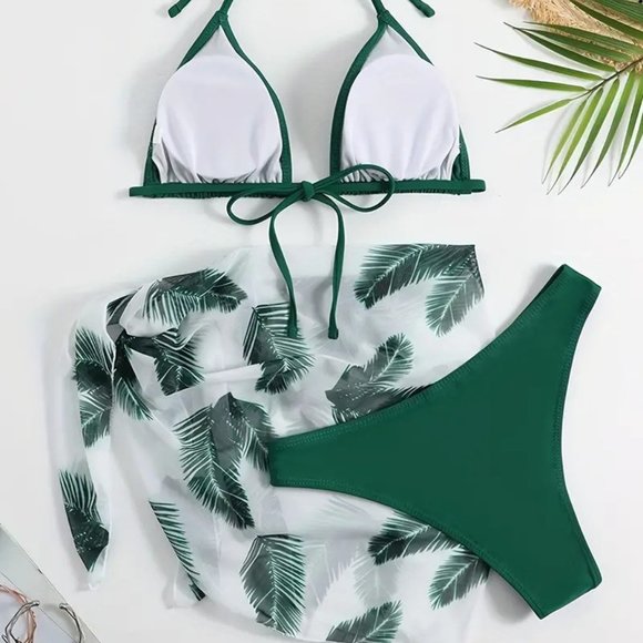 3-Pieces Halter Neck Bikini Set Bathing Swim Suit w/Cover Up Wrap M/6 - Picture 1 of 2